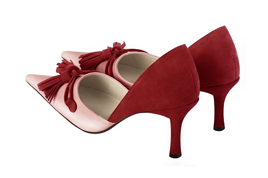 Powder pink and cardinal red women's open arch dress pumps. Pointed toe. High slim heel. Rear view - Florence KOOIJMAN